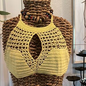 Yellow Handmade Crochet Halter Top And also a tribal beaded necklace